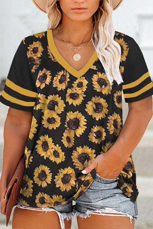 Palm Tree Leaves Print Striped Short Sleeve V Neck T-Shirt