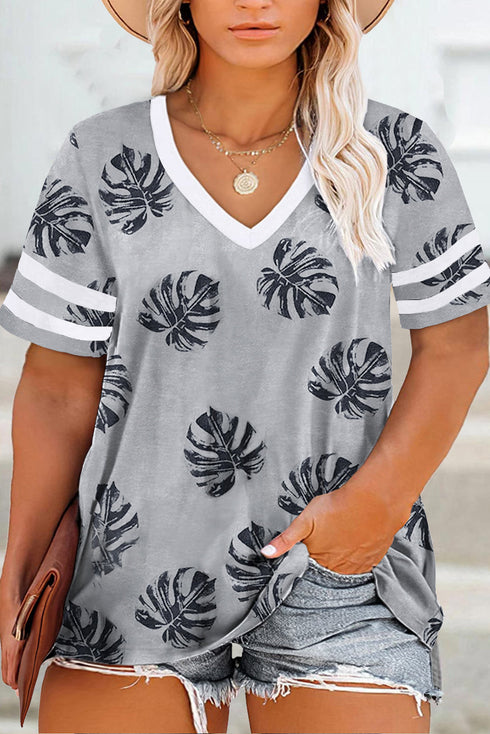Palm Tree Leaves Print Striped Short Sleeve V Neck T-Shirt