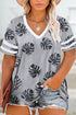 Palm Tree Leaves Print Striped Short Sleeve V Neck T-Shirt