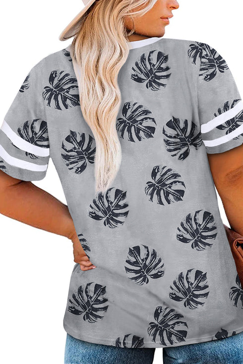 Palm Tree Leaves Print Striped Short Sleeve V Neck T-Shirt