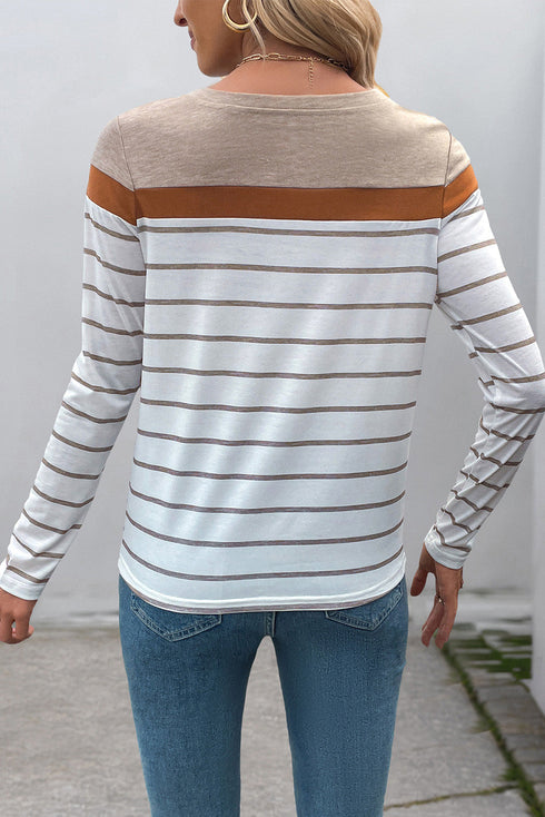 Panel Detail Striped Long Sleeve Crew Neck Top
