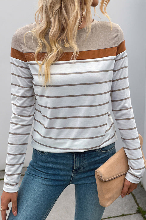 Panel Detail Striped Long Sleeve Crew Neck Top