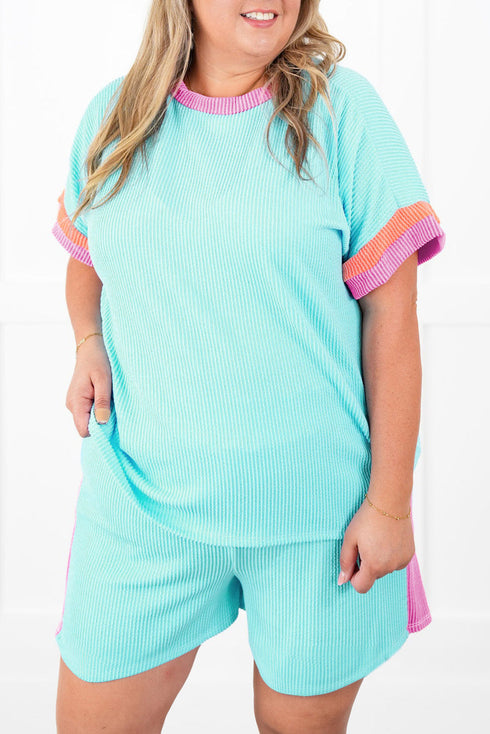 Paneled Corded Knit Tee And Shorts Loungewear