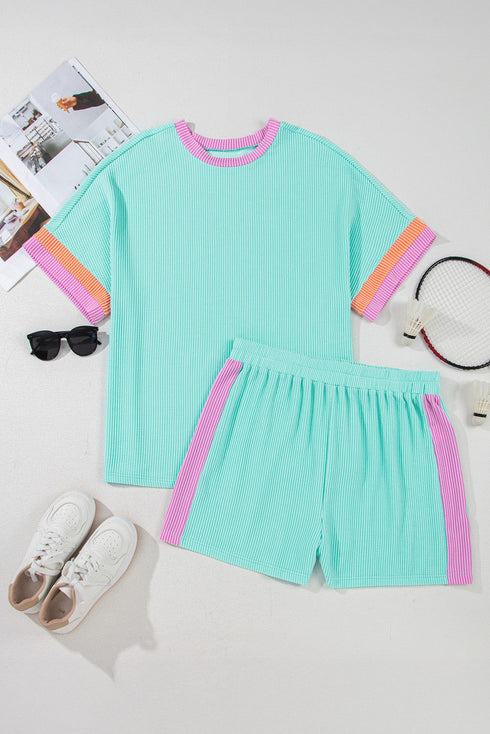 Paneled Corded Knit Tee And Shorts Loungewear