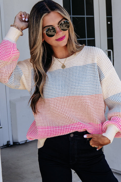 Paneled Drop Shoulder Round Neck Long Sleeve Pullover Sweater