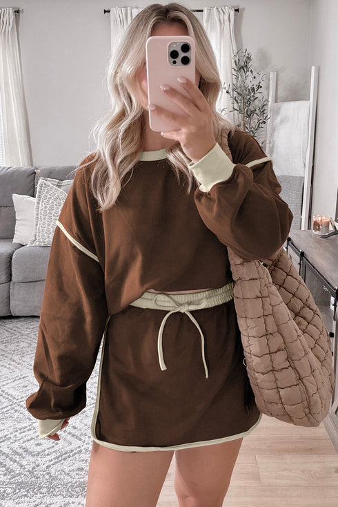 Paneled Loose Pullover And Lace Up Skort Two Piece Set