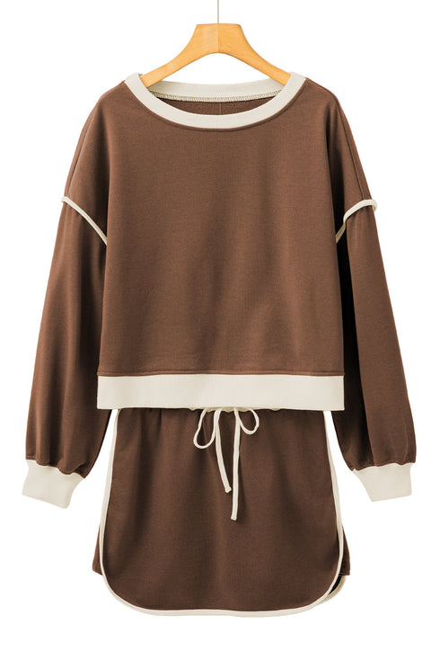 Paneled Loose Pullover And Lace Up Skort Two Piece Set