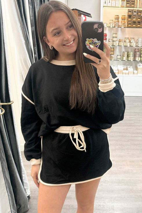 Paneled Loose Pullover And Lace Up Skort Two Piece Set