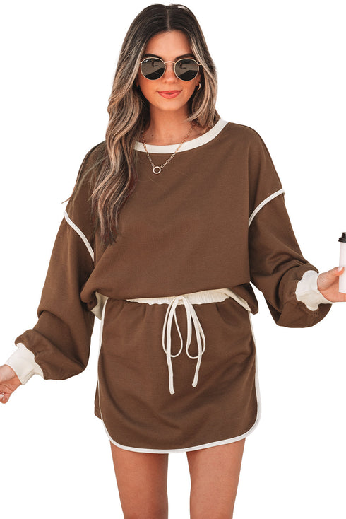 Paneled Loose Pullover And Lace Up Skort Two Piece Set