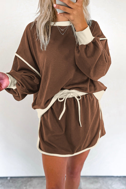 Paneled Loose Pullover And Lace Up Skort Two Piece Set