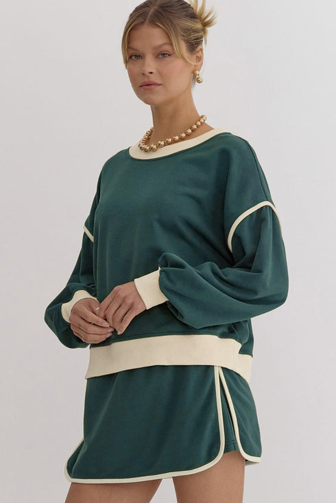 Paneled Loose Pullover And Lace Up Skort Two Piece Set
