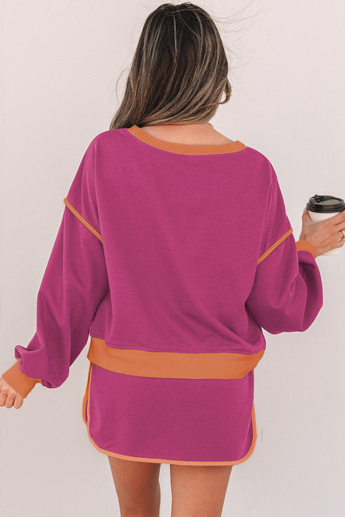 Paneled Loose Pullover And Lace Up Skort Two Piece Set