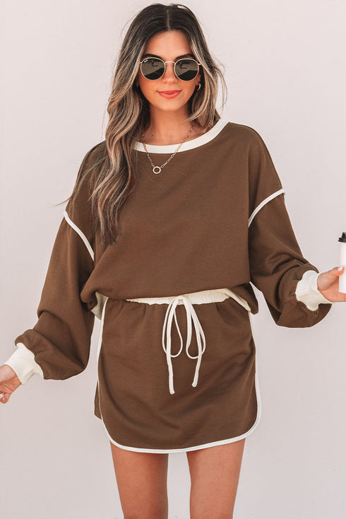Paneled Loose Pullover And Lace Up Skort Two Piece Set