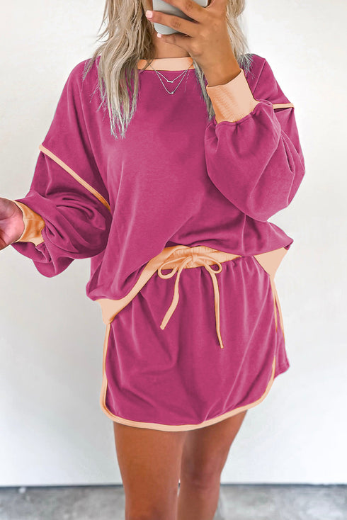 Paneled Loose Pullover And Lace Up Skort Two Piece Set