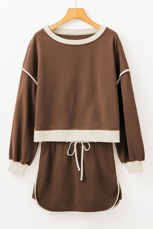 Paneled Loose Pullover And Lace Up Skort Two Piece Set