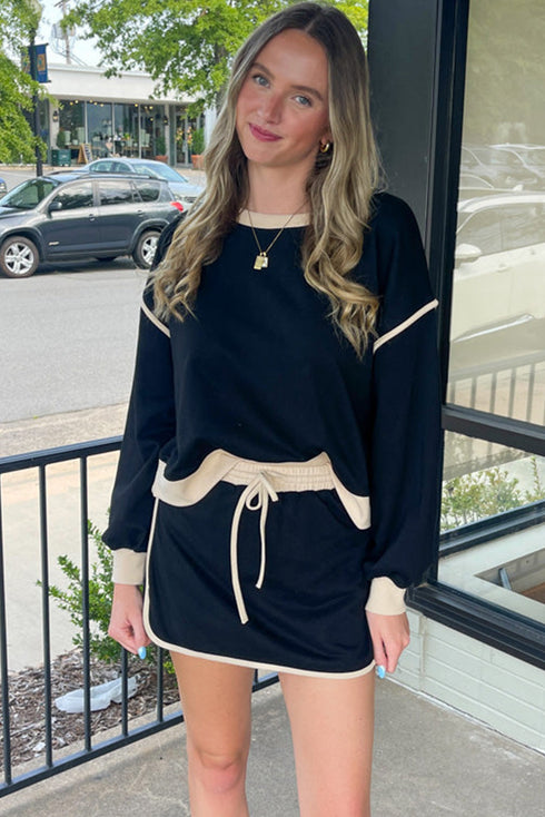 Paneled Loose Pullover And Lace Up Skort Two Piece Set