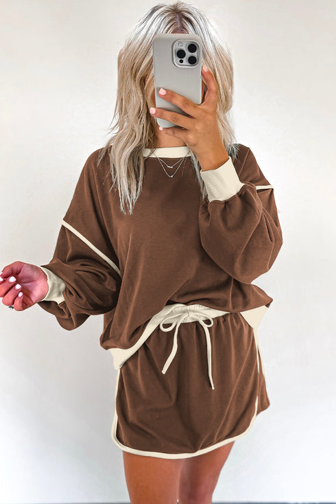 Paneled Loose Pullover And Lace Up Skort Two Piece Set