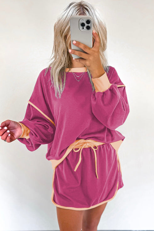 Paneled Loose Pullover And Lace Up Skort Two Piece Set