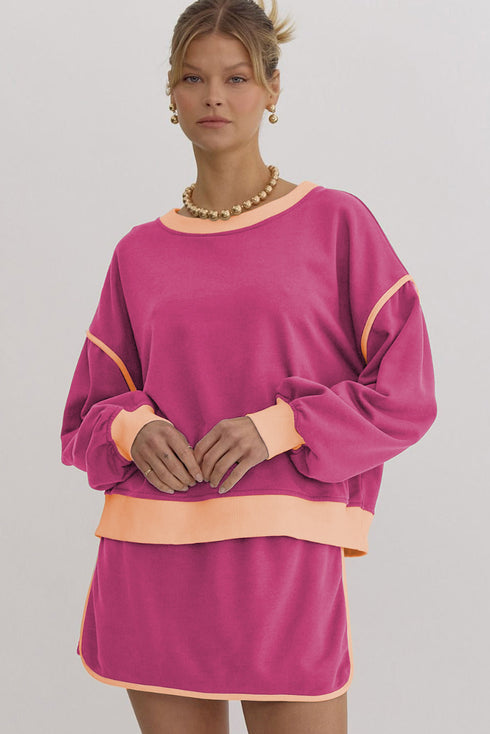 Paneled Loose Pullover And Lace Up Skort Two Piece Set
