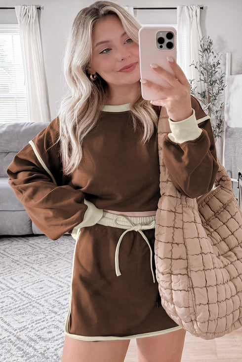 Paneled Loose Pullover And Lace Up Skort Two Piece Set