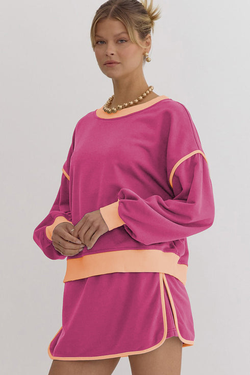 Paneled Loose Pullover And Lace Up Skort Two Piece Set