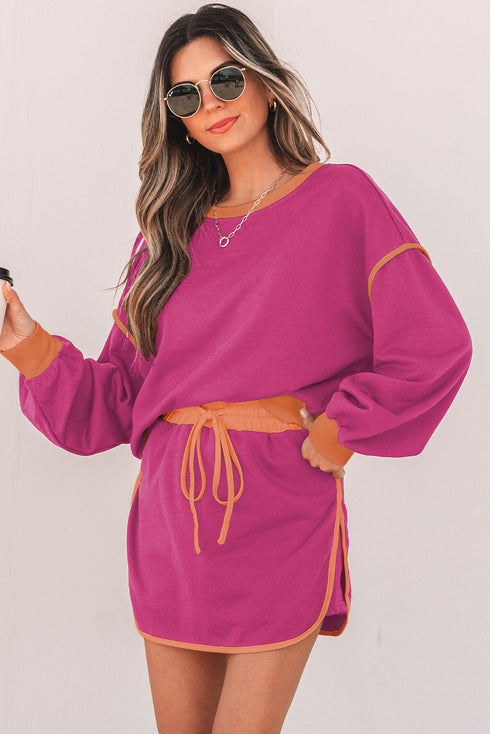 Paneled Loose Pullover And Lace Up Skort Two Piece Set