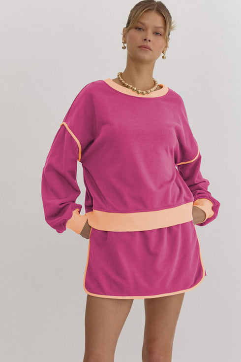 Paneled Loose Pullover And Lace Up Skort Two Piece Set