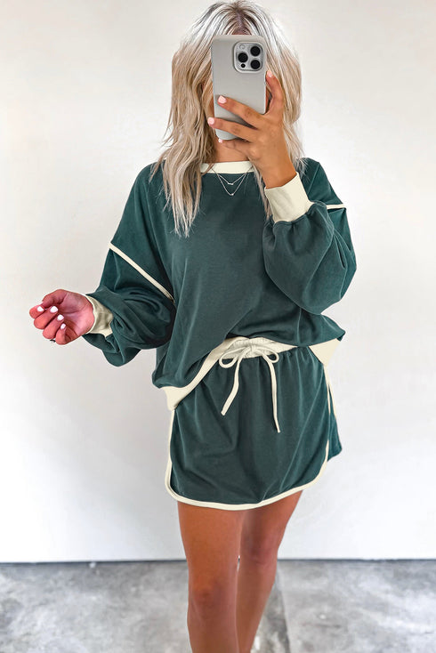 Paneled Loose Pullover And Lace Up Skort Two Piece Set