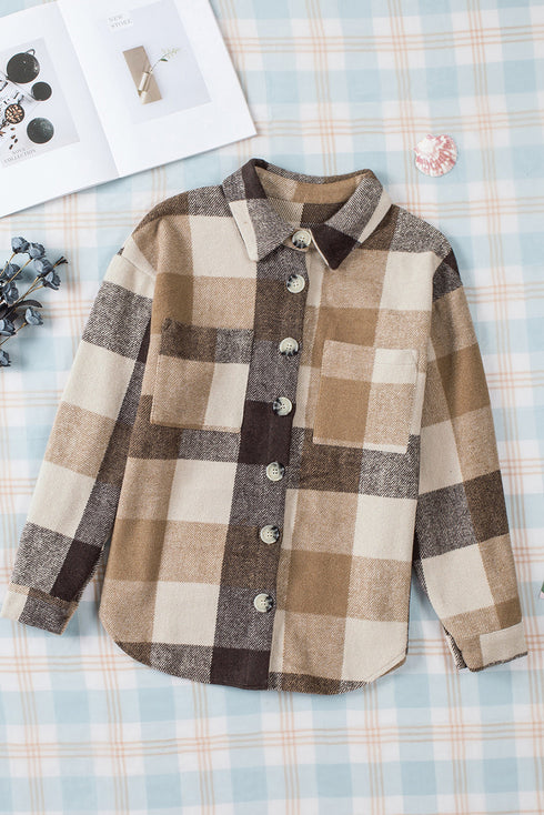 Paneled Pocketed Button Down Long Sleeve Plaid Shacket