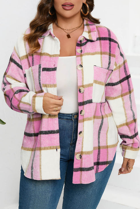 Paneled Pocketed Button Down Long Sleeve Plaid Shacket