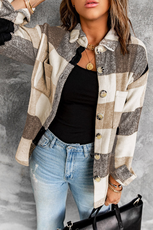Paneled Pocketed Button Down Long Sleeve Plaid Shacket
