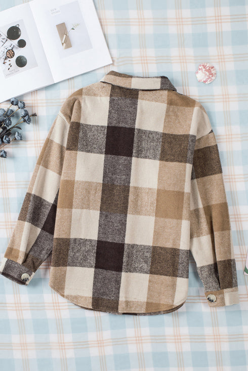 Paneled Pocketed Button Down Long Sleeve Plaid Shacket