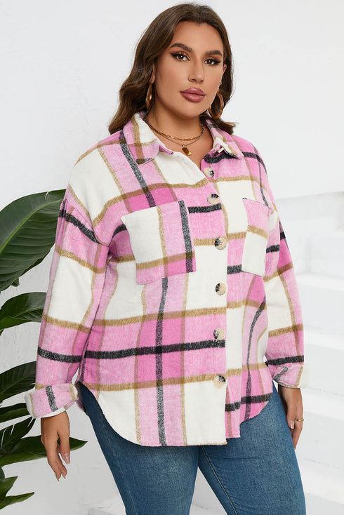 Paneled Pocketed Button Down Long Sleeve Plaid Shacket