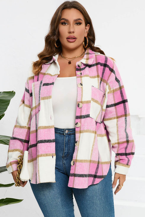 Paneled Pocketed Button Down Long Sleeve Plaid Shacket