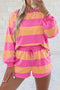 Paneled Print Long Sleeve Drawstring Casual Short Set