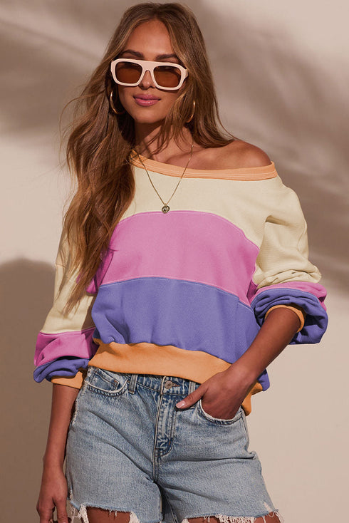 Pastel Color Block Drop Shoulder Cropped Sweatshirt