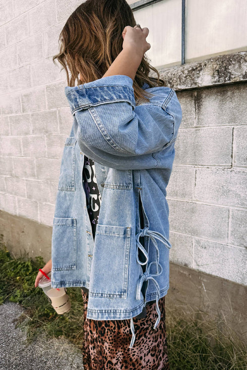 Patch Pocket Side Lace Up Boyfriend Denim Jacket