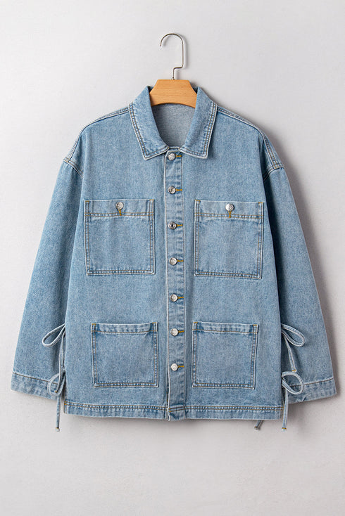 Patch Pocket Side Lace Up Boyfriend Denim Jacket