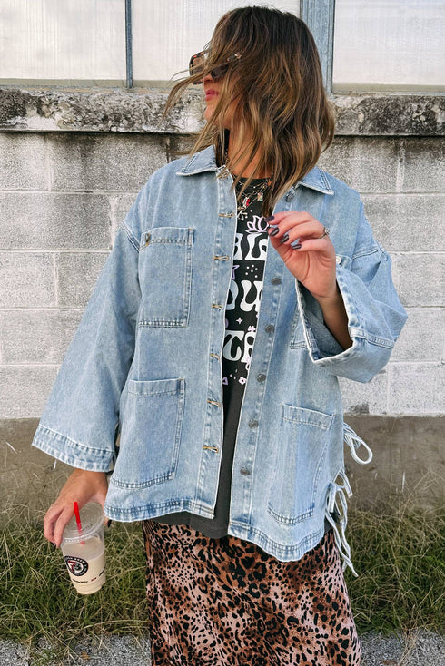 Patch Pocket Side Lace Up Boyfriend Denim Jacket
