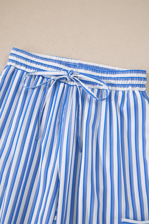 Patch Pocket Striped Drawstring Wide Leg Ankle Pants