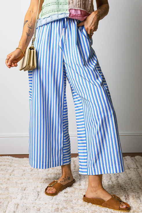 Patch Pocket Striped Drawstring Wide Leg Ankle Pants