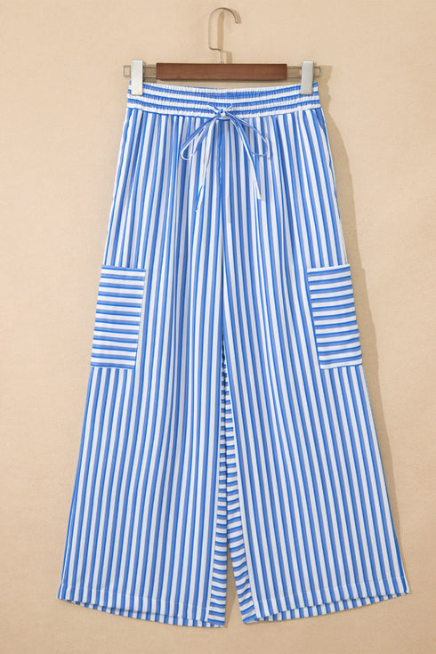 Patch Pocket Striped Drawstring Wide Leg Ankle Pants
