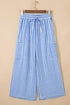 Patch Pocket Striped Drawstring Wide Leg Ankle Pants