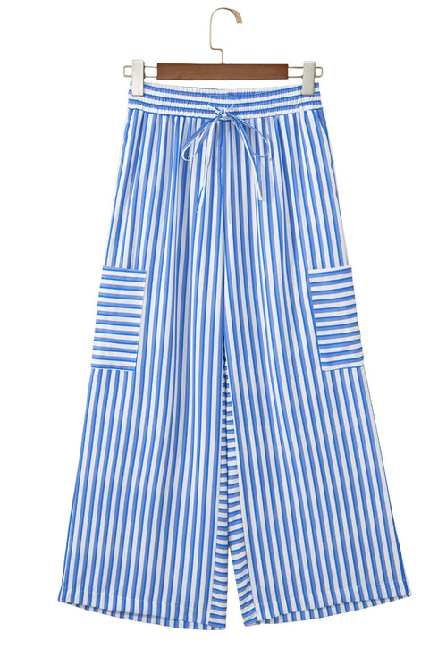Patch Pocket Striped Drawstring Wide Leg Ankle Pants