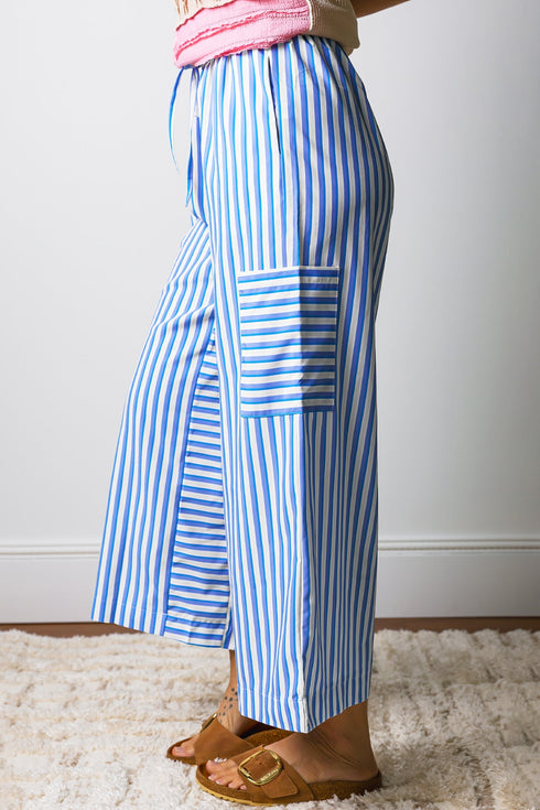 Patch Pocket Striped Drawstring Wide Leg Ankle Pants