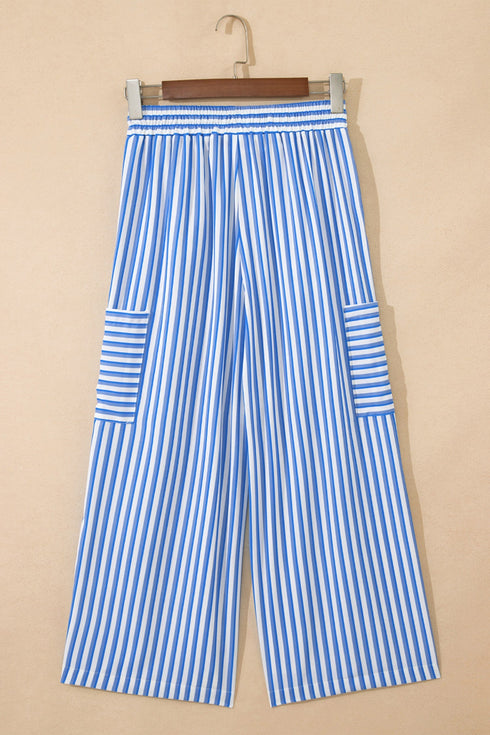 Patch Pocket Striped Drawstring Wide Leg Ankle Pants