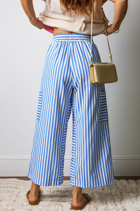 Patch Pocket Striped Drawstring Wide Leg Ankle Pants
