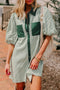 Patch Pockets Button Down Short Puff Sleeve Dress