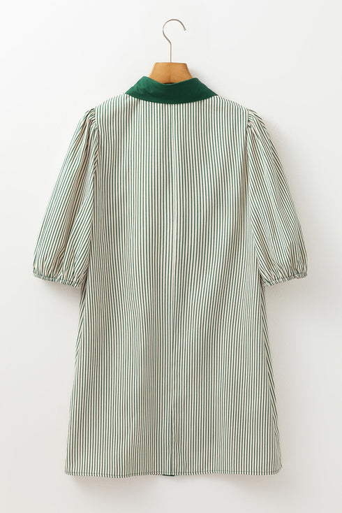 Patch Pockets Button Down Short Puff Sleeve Dress