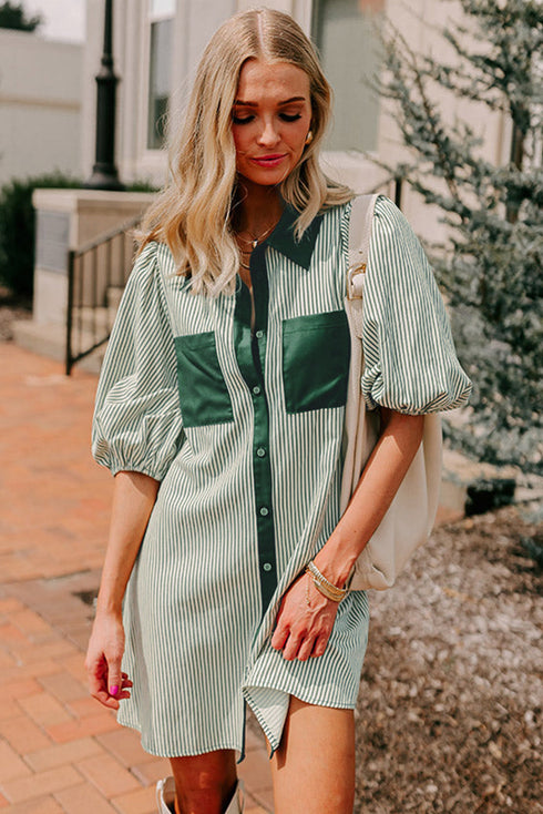 Patch Pockets Button Down Short Puff Sleeve Dress